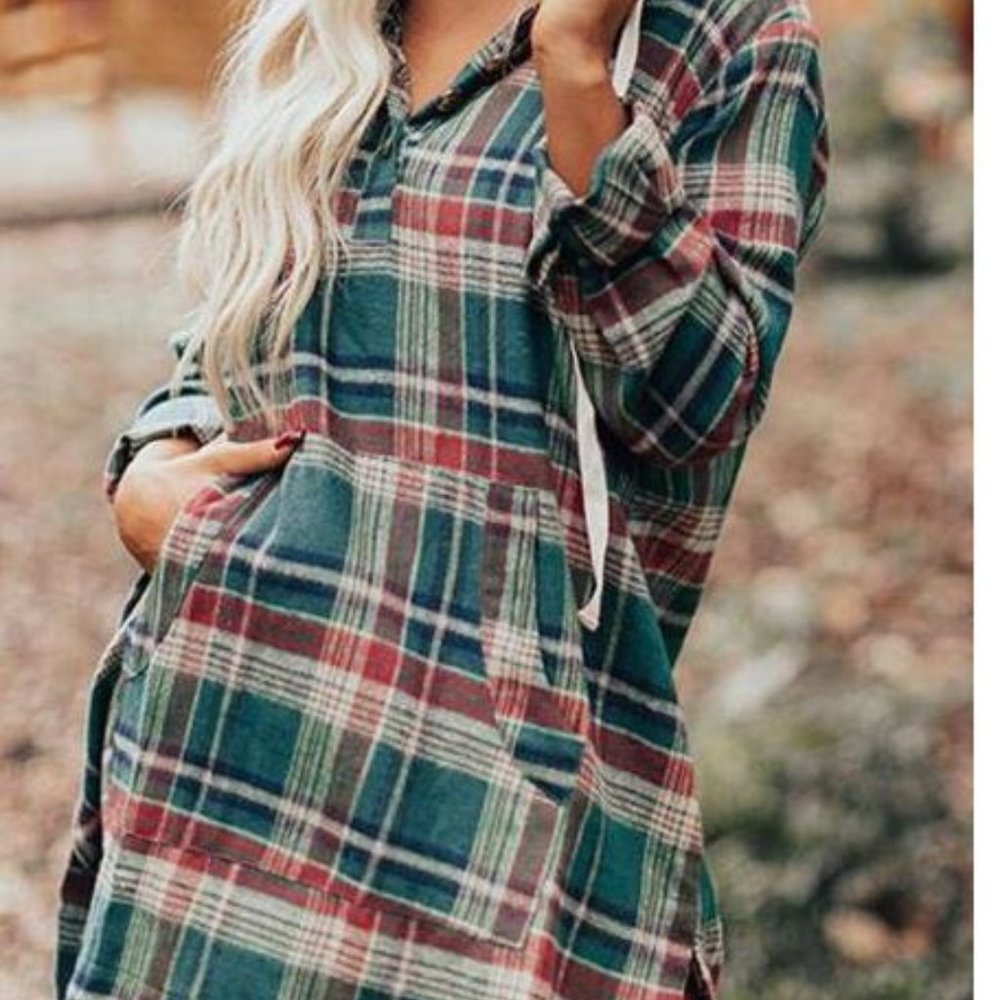 Green Plaid Hooded Button Pocket High-Low Dress - Picture 4 of 4